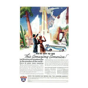 1940 Greyhound Bus Lines Amazing America Vintage Print Ad National Parks Redwood